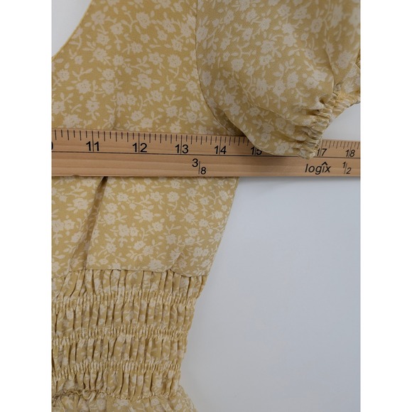 Urban Outfitters Midi Dress Women XS Yellow Floral Smocked Puff Sleeve Milkmaid - Picture 8 of 10